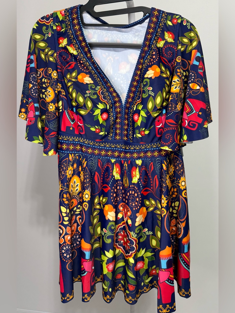 Navy Floral V-Neck Dress with Colorful Print